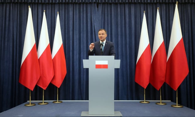Andrzej Duda holds a press conference in the presidential palace in Warsaw.