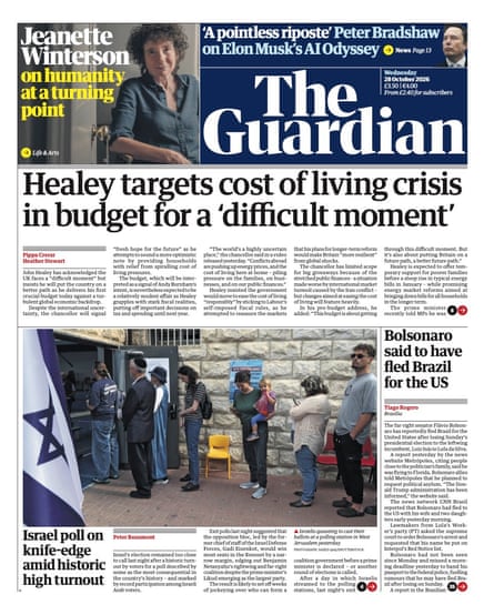 Front page of the Guardian 28 October 2026
