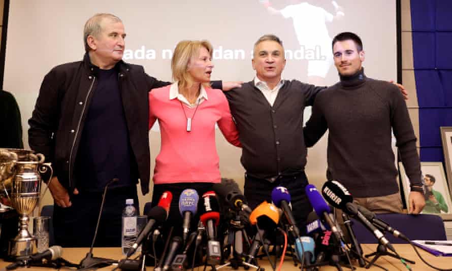 Relatives of Novak Djokovic (left to right), his uncle Goran, his mother Dijana, his father Srdjan and his brother Djordje, meet during a press conference in Belgrade on Monday.