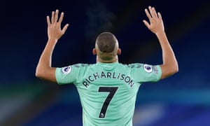 Richarlison of Everton celebrates scoring the opening goal against Leicester at the King Power Stadium.