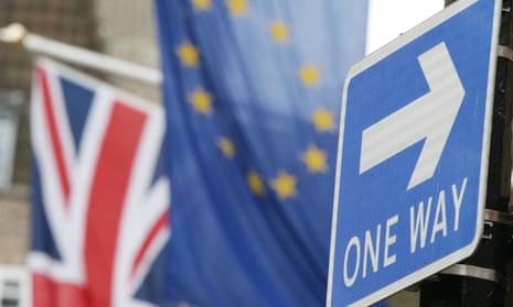 UK and Europe flag, with One Way sign in the foreground