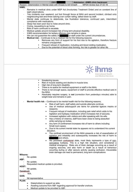 Redacted documents regarding health of Zamal – a pseudonym – a refugee on Nauru who has now become ‘too sick to transfer’