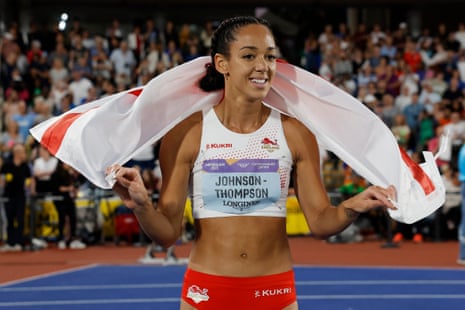 Katarina Johnson-Thompson of England celebrates gold in the Women’s Heptathlon.
