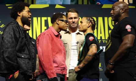 Eddie Hearn (centre) looks on as Devin Haney (second left) and Regis Prograis face off alongside Evins Tobler (right) and Bill Haney (left) after the final press conference before their title clash in San Francisco.