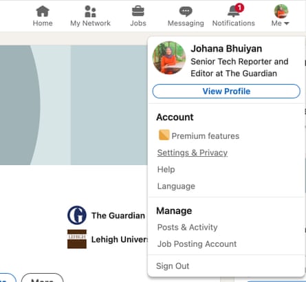 A drop-down menu that pops up when you click on your profile picture on LinkedIn. It includes an option for Settings and Privacy.