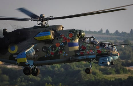A Ukrainian military helicopter takes off during drills in the north of Ukraine.