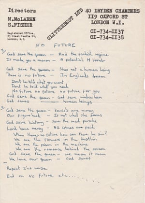 Winter 1976/1977. Lyrics to God Save the QueenJohnny Rotten’s handwritten lyrics to God Save the Queen, the song that was infamously banned by the BBC. The lyric sheet still bears the original song title, No Future