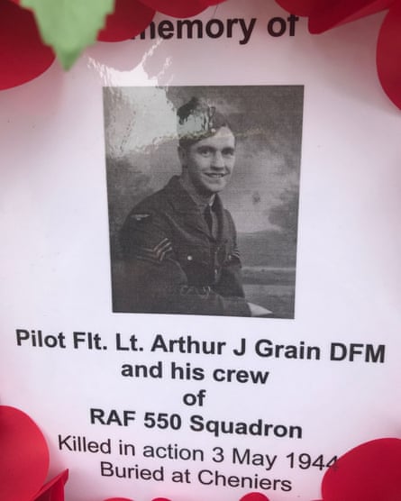The wording on a a wreath for Pilot Arthur Grain. shot down in May 1944