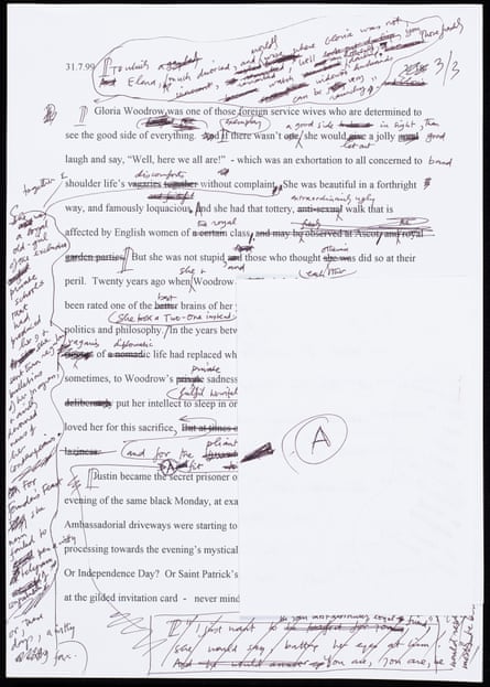 Draft manuscript page of The Constant Gardener, including stapled sheet labelled with arrows and signs to indicate to le Carré’s wife, Jane, where her typing was to include his inserted amendments.