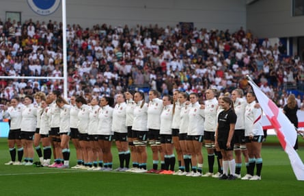 England players line up for the national anthem during the 2025 Women’s Rugby World Cup match against Australia