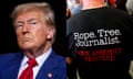 a side-by-side image of Donald Trump wearing a blue suit and a Trump supporter wearing a T-shirt that reads 'rope. tree. journalist. some assembly required'