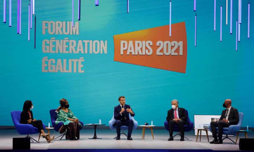 France’s president, Emmanuel Macron (centre) talks during a discussion at the Generation Equality Forum. with (from left): Élisabeth Moreno France’s equality minister; Phumzile Mlambo-Ngcuka, executive director of UN Women; UN secretary general, António Guterres; and president of the European council, Charles Michel.