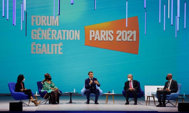 France’s president, Emmanuel Macron (centre) talks during a discussion at the Generation Equality Forum. with (from left): Élisabeth Moreno France’s equality minister; Phumzile Mlambo-Ngcuka, executive director of UN Women; UN secretary general, António Guterres; and president of the European council, Charles Michel.