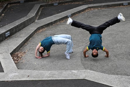 Rachael Gunn and Jeff Dunne, Australia’s first Olympic breakers pose at Redfern Community Centre