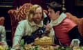 Tony Curran as King James and Nicholas Galitzine as George Villiers in Mary & George.
