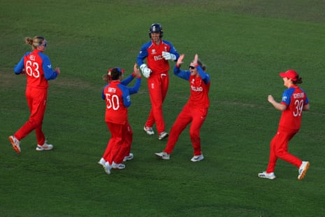 England players celebrate Chamari Athapaththu being caught.