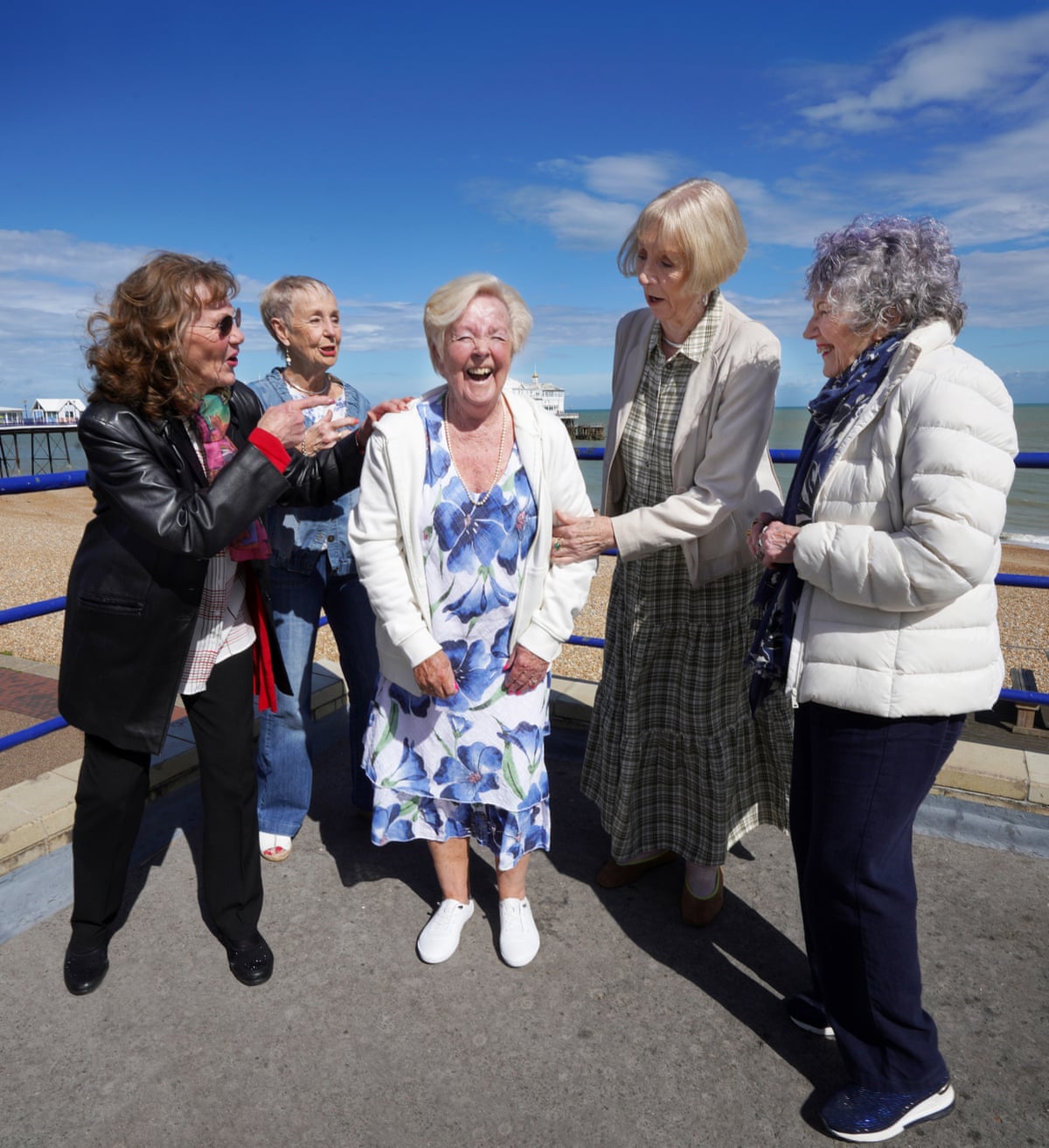 Five old friends who used to be showgirls, on the seafront in Eastbourne, UK