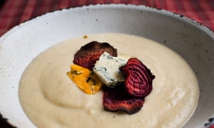 Comfort and joy: roast parsnip and stilton soup, beetroot crisps.