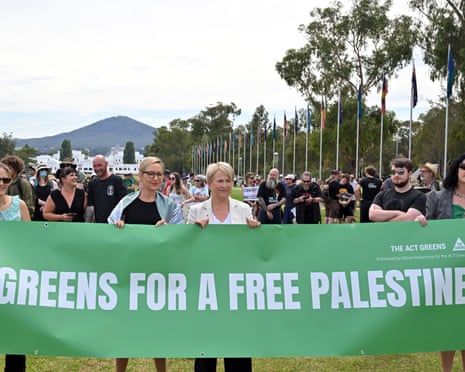Greens senators Larissa Waters and Barbara Pocock at a rally to protest against the visit of Israeli president Isaac Herzog