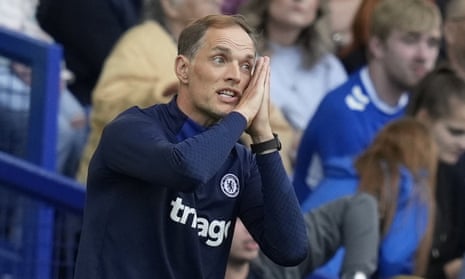 The Chelsea manager, Thomas Tuchel, on the touchline against Everton.