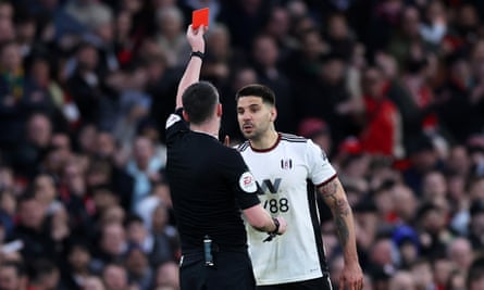 Aleksandar Mitrovic of Fulham is sent off by Chris Kavanagh for pushing the official last season.