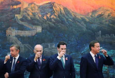 Michael Gove, Vince Cable, George Osborne and David Cameron at the Great Hall of the People in Beijing