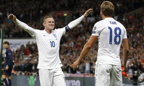 Wayne Rooney celebrating after England’s Harry Kane scored during the Euro 2016 qualifying group E football match between England and Switzerland at Wembley Stadium in 2015.