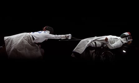 Amarilla Veres (R) of Team Hungary competes against Jing Rong of Team China during the Women’s Épée Individual Category A Gold Medal on day 2 of the Tokyo 2020 Paralympic Games at Makuhari Messe Hall B on August 26, 2021 in Chiba, Japan