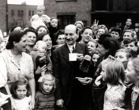 Politics, London, England, 5th July 1945, The Deputy Prime Minister in the wartime coalition Clement Attlee, pictured chatting to constituents in his Limehouse constituency where he is the Labour candidate for the General Election, Attlee was brought to power and was the first Prime Minister after the end of the Second World War (Photo by Popperfoto/Getty Images)