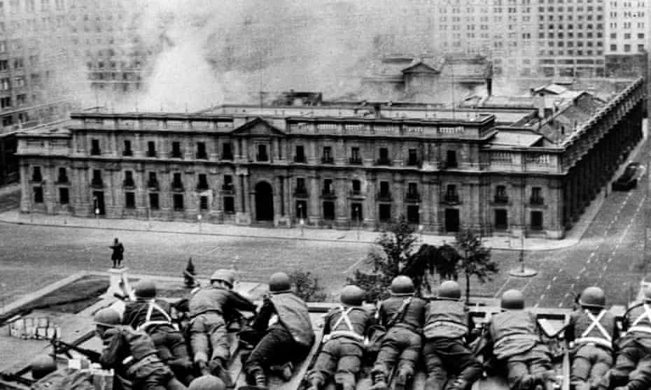 Chilean troops fire on the La Moneda Palace, Santiago, on 11 September 1973 during the military coup led by General Augusto Pinochet.