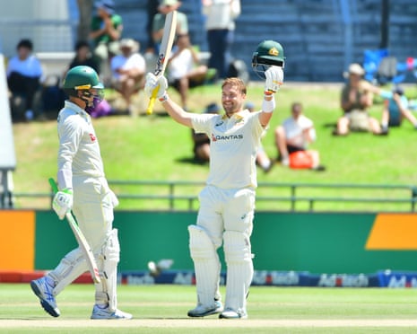 Josh Inglis celebrates scoring his second Test century