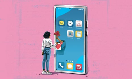 Illustration of a woman pulling a drawer/app open on a giant phone. The app/box has a heart on it and from it an arm reaches out holding red roses