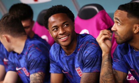 Raheem Sterling on the bench before England’s last group game against Wales