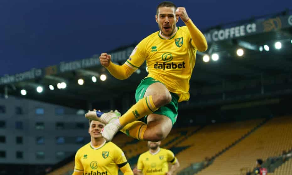 Emi Buendía celebrates after scoring for Norwich against Bournemouth this month.