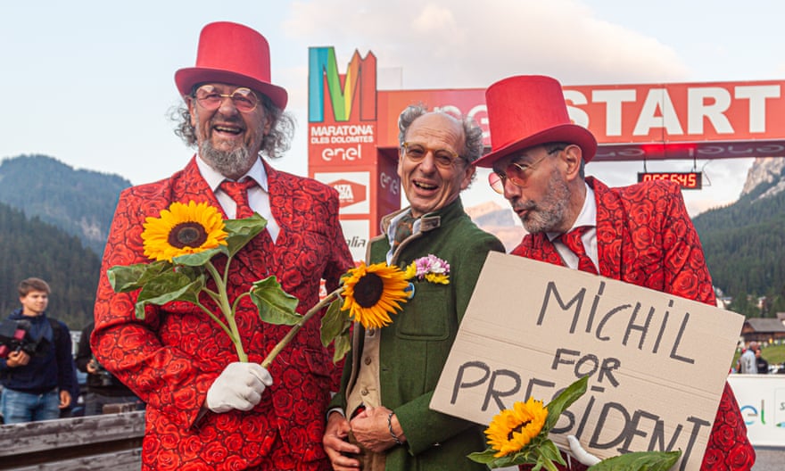Vote for Michel: race organiser Michil Costa gets into the spirit of the event.