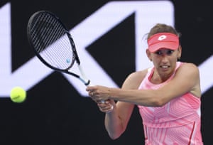 Belgium’s Elise Mertens hits a backhand to Czech Republic’s Karolina Muchova.