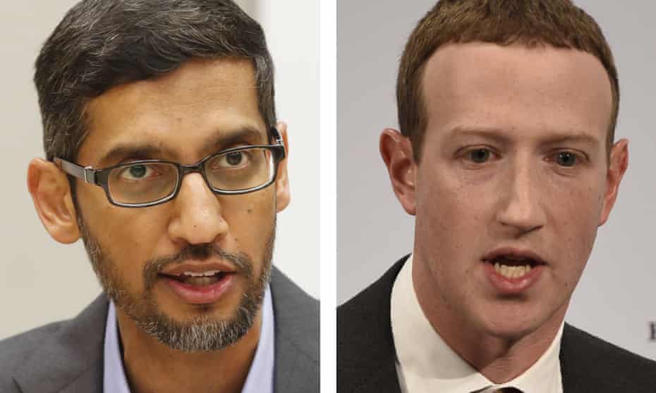 Closeup portraits of Sundar Pichai and Mark Zuckerberg