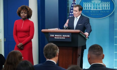 Karine Jean-Pierre and John Kirby in the press briefing room at the White House on 13 February. 