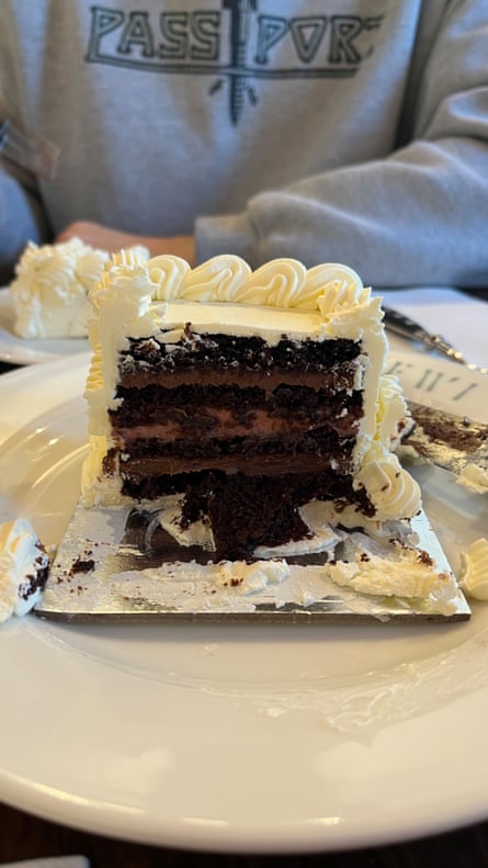 The grey sweatshirt body and arm of a person sitting behind an ornately, piped-icing chocolate cake sliced open to reveal the chocolate sponge and buttercream layers