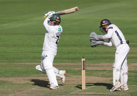 Liam Patterson-White of Nottinghamshire racks up a boundary against Hampshire