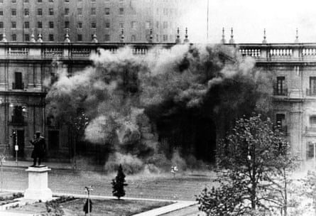 Chilean presidential palace La Moneda under fire during the coup d'etat led by Pinochet.