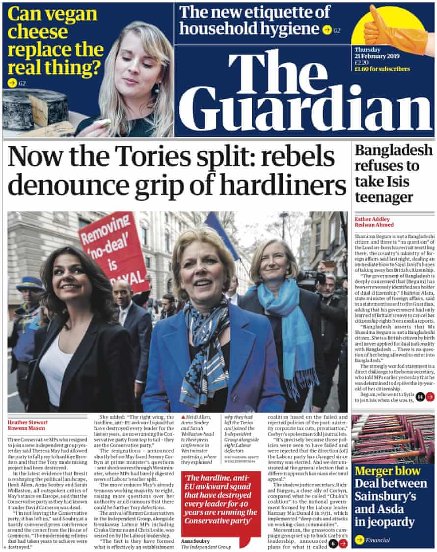 Guardian front page, Thursday 21 February 2018