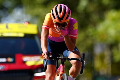 Ricarda Bauernfeind is in disbelief as she crosses the finish line first during stage five of the Tour de France Femmes.