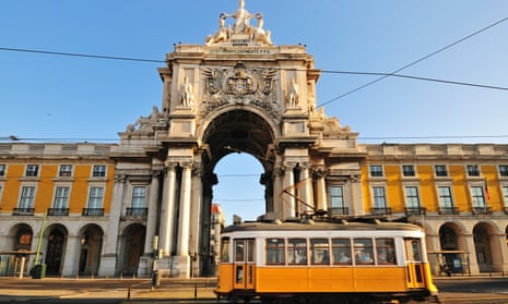 Typical Tram in Commerce Square, Lisbon, Portugal