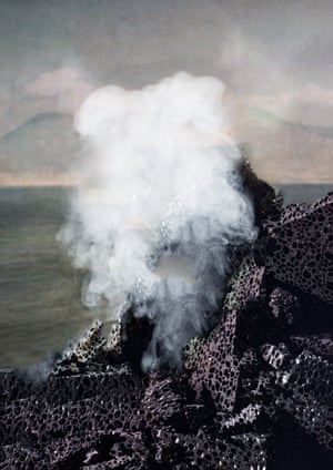 This shot, while resembling a tourist photograph from a volcano, actually shows rocks made from painted sponges digitally composited on top of a seascape background that Albdorf found