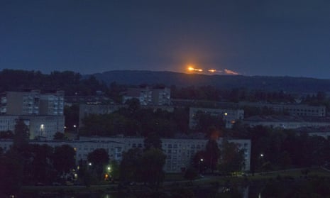 Explosions are visible at a distance from a massive Russian missile attack on Ukrainian infrastructure with missiles on the morning of 1 June 2024.