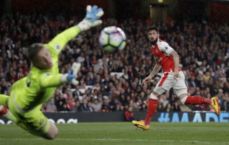 Olivier Giroud watches the ball sail past the dive of Jordan Pickford and unfortunately for the Arsenal striker, the upright.