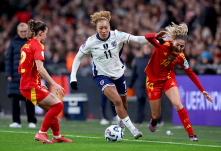 Lauren James powers past Laia Aleixandri during England’s Nations League match against Spain this year.