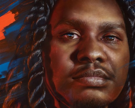 Rhythms of heritage by Matt Adnate, painted with spray paint and synthetic polymer paint on linen. His portrait of Baker Boy has won the packing room prize as part of the 2024 Archibalds