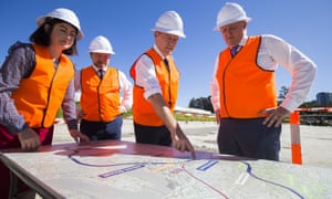 The federal Labor leader, Bill Shorten, with Terri Butler, Graham Perrett and Anthony Albanese at a site for the proposed cross-river rail in Brisbane